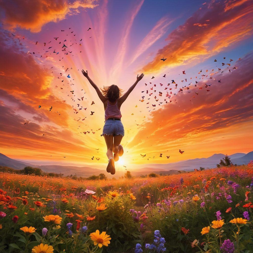 A vibrant sunrise over a picturesque landscape, with a silhouette of a person joyfully jumping in the foreground, arms spread wide in celebration of life. Surrounding the person are colorful wildflowers and butterflies to symbolize passion and enthusiasm. The sky should be a beautiful blend of warm oranges, yellows, and pinks, radiating positivity. The overall scene should evoke a sense of freedom, zest for life, and joyous energy. super-realistic. vibrant colors. expansive background.
