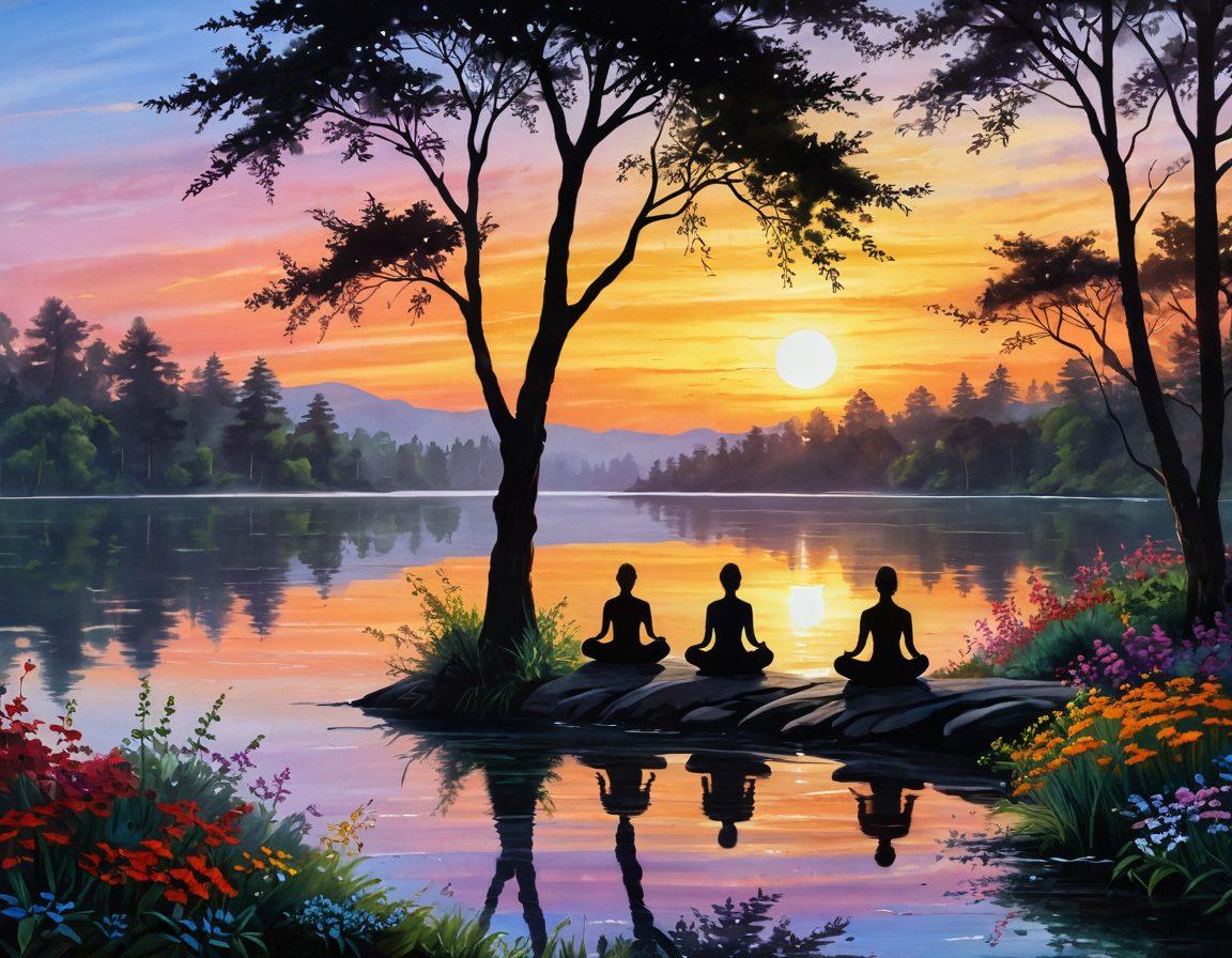 A serene landscape featuring a sunrise over a peaceful lake, with silhouettes of people practicing yoga and meditation on the shore. The scene is filled with vibrant flowers and lush greenery, symbolizing growth and happiness. Include soft rays of sunlight breaking through the trees, casting a warm glow on the individuals, emphasizing tranquility and engagement with nature. painting. vibrant colors. serene atmosphere.