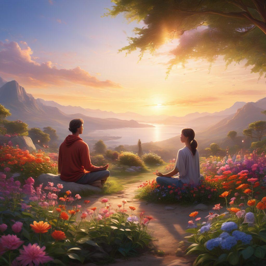 A serene landscape at sunrise, featuring a diverse group of people practicing mindfulness together; vibrant flowers blooming in the foreground symbolizing growth and joy, while gentle rays of light illuminate their faces, reflecting happiness. super-realistic. vibrant colors. peaceful atmosphere.